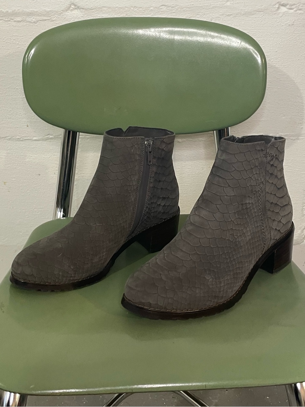Vaneli Gray Textured Ankle Booties with Side Zip & Block Heel